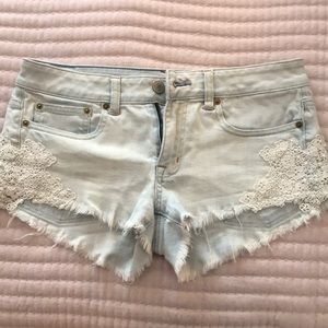 american eagle faded denim lace shorts